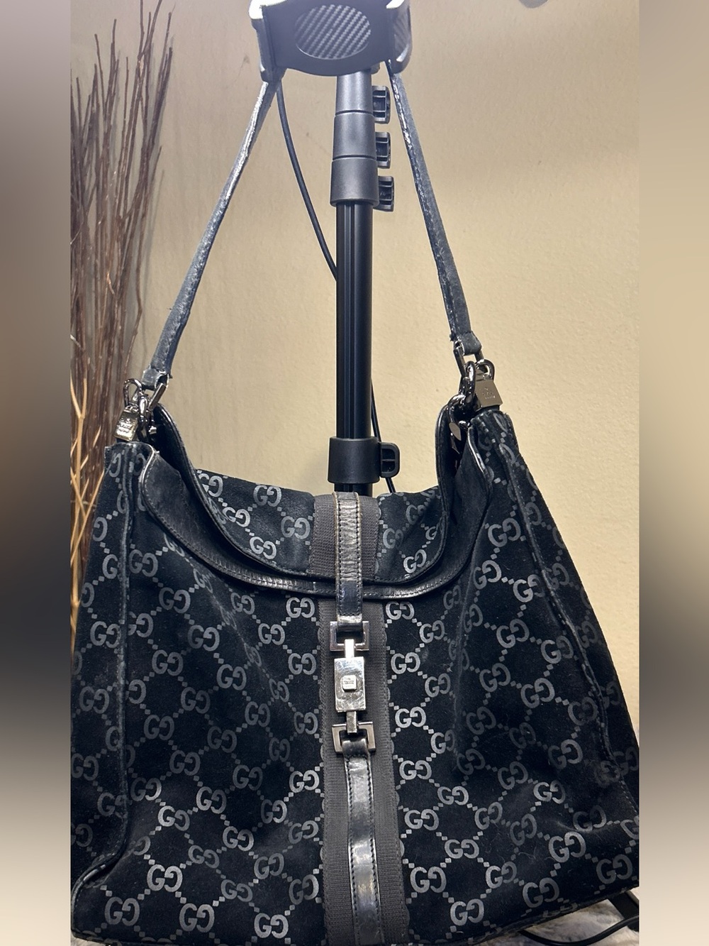 Vintage Gucci Jackie GG Monogram Shoulder Hobo with Silver Hardware